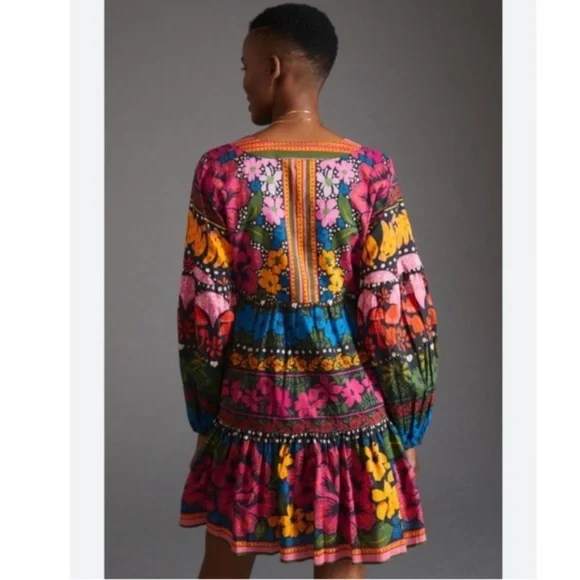 Stunning vibrant Anthropologie x Farm Rio Dress V-Neck Puff Sleeve - Picture 2 of 11